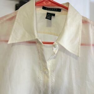 Vintage Ivory Ralph Lauren Women’s Sheer Embroidered  Cotton Blouse Size L